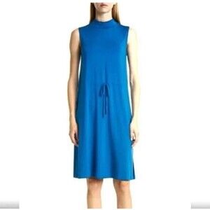Eileen Fisher Mock Neck‎ Tie Waist Sleeveless Dress Marine Blue $178 - L NWT